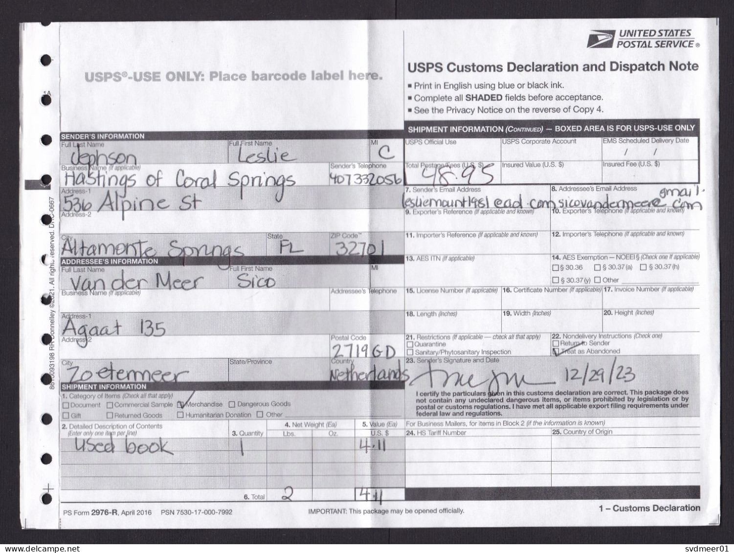 USA: Customs Declaration Form To Netherlands, 2023, USPS Dispatch Note, 2 Pages (minor Damage; Fold) - Lettres & Documents