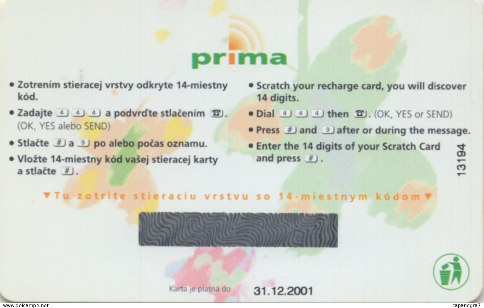 Butterflies 30 Sk IV., Prima Card, Globtel - Mobile Refill, Expiry Date 31.12.2001, Hard Plastic,  Mint, Slovakia - Slowakei