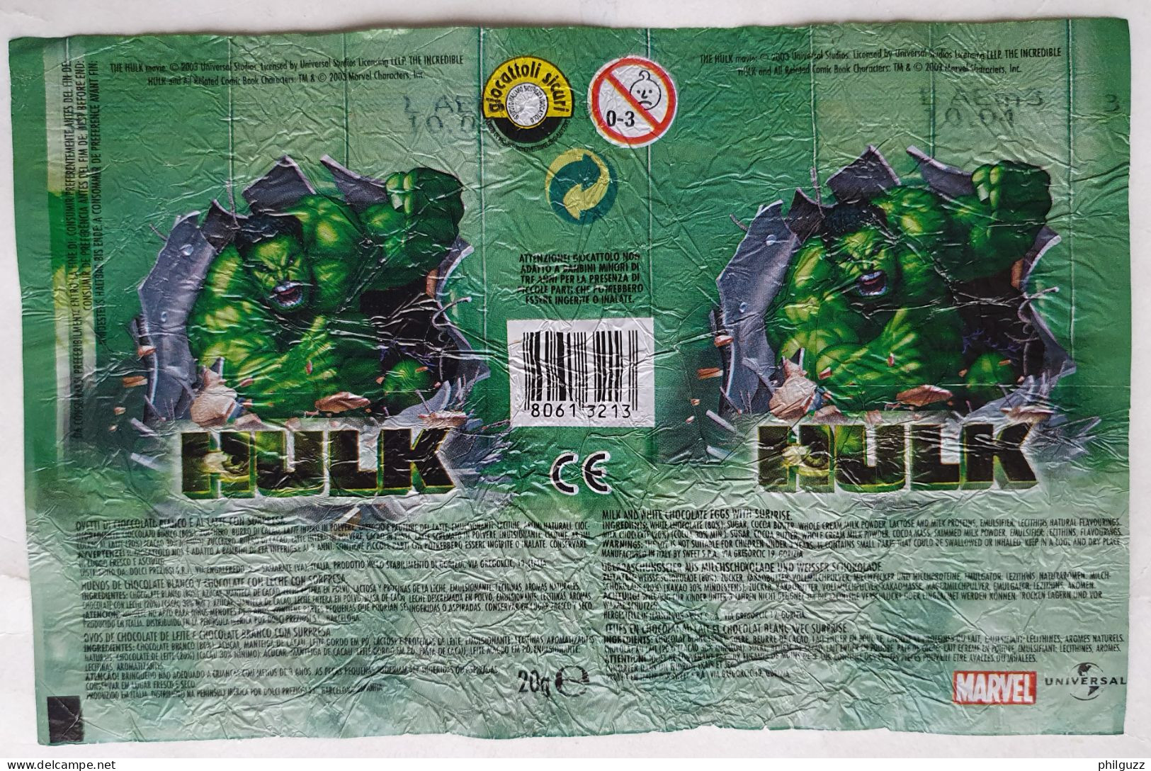 TRES RARE EMBALLAGE METALLISE D'OEUF SURPRISE DOLSI PRESIOSI HULK Série 2003 - Other & Unclassified