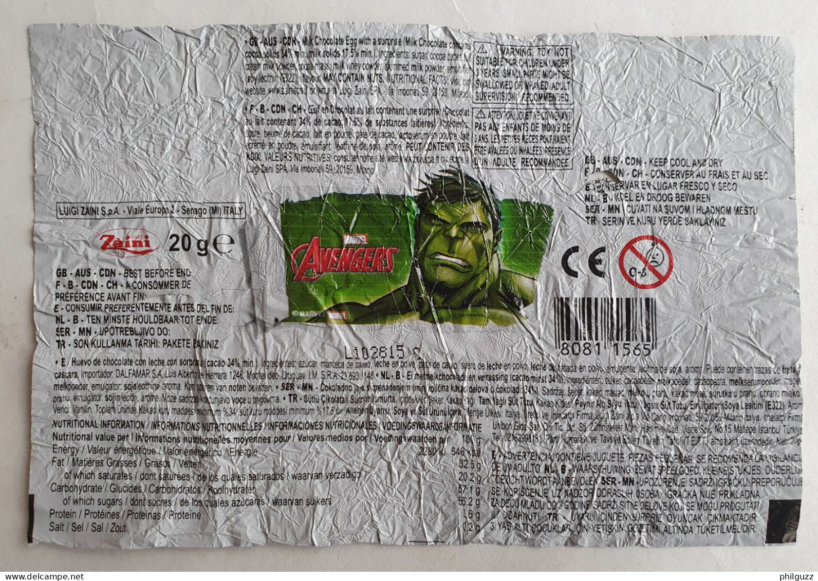 TRES RARE EMBALLAGE METALLISE D'OEUF SURPRISE ZAINI MARVEL HULK Série - Autres & Non Classés