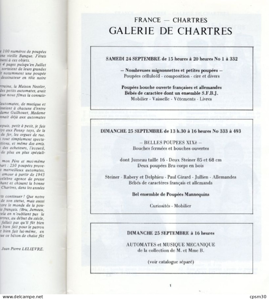 Livre, Catalogue De Vente, Poupées Anciennes, Accessoires, Automates Etc..Galerie De Chartres 1983 Et 1985 - Andere & Zonder Classificatie