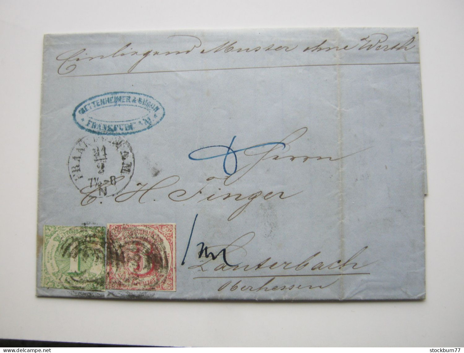 Thurn Und Taxis , 1865 , Frankfurt , Klarer  Stempel Auf Brief    "Muster Ohne Wert" - Briefe U. Dokumente