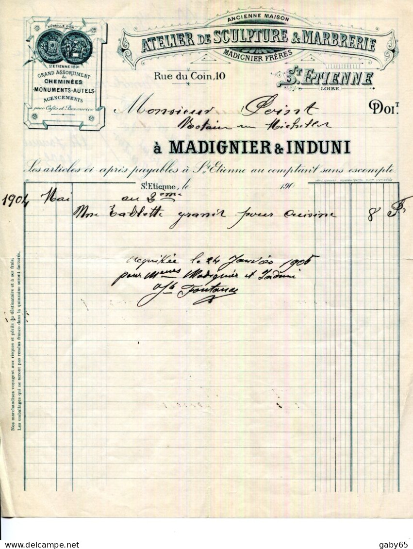 FACTURE.42.SAINT ETIENNE.CHEMINÉES.MONUMENTS.AUTELS.ATELIER DE SCULPTURE & MARBRERIE.MADIGNIER & INDUNI 10 RUE DU COIN. - Old Professions