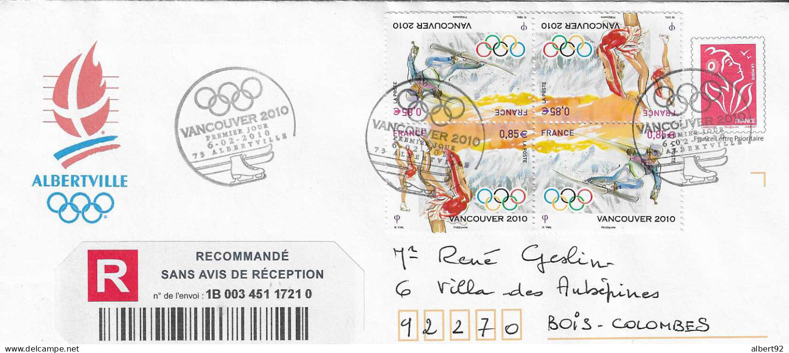 2010 Jeux Olympiques D'Hiver De Vancouver: Lettre Entier Postal Recommandée  De L'émission Française - Hiver 2010: Vancouver