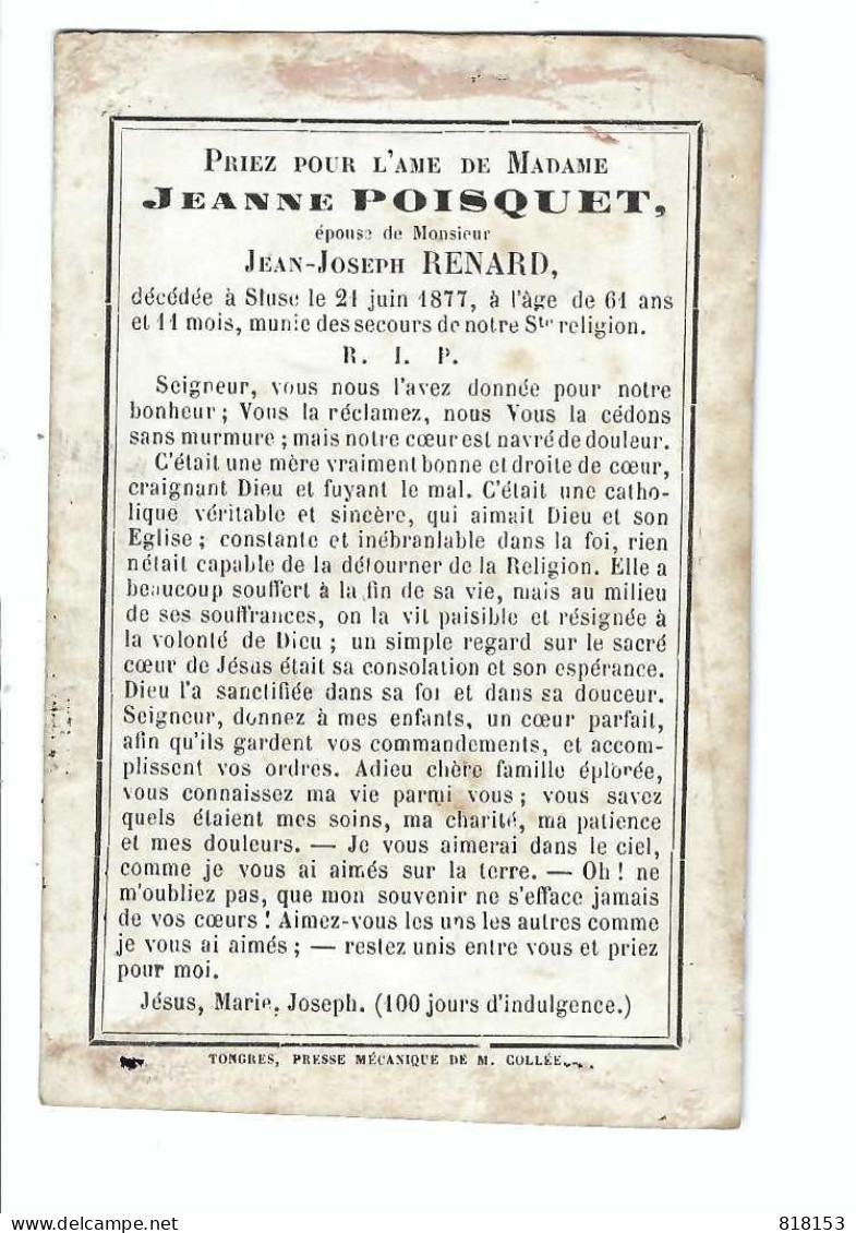 DP  JEANNE POISQUET épouse De JEAN-JOZEF RENARD Geboren  1816  Décédé  à Sluizen  1877 - Religion & Esotérisme