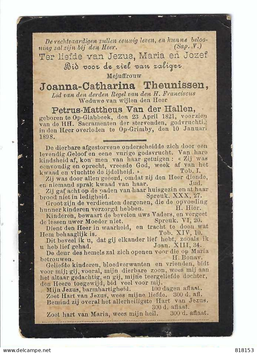 DP  Joann-Catharina Theunissen Wed. V Petrus V D Hallen Geboren Opglabbeek 1821 Gestorven  Opgrimbie  1898 - Religion & Esotérisme