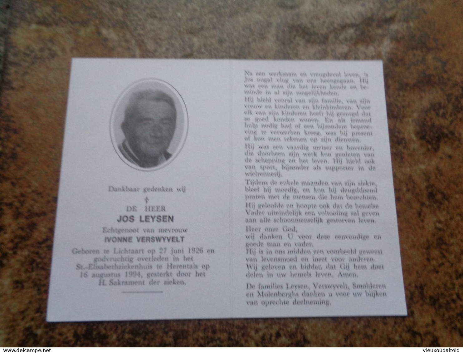 Doodsprentje/Bidprentje  JOS LEYSEN   Lichtaart 1926-1994 Herentals - Religion & Esotérisme