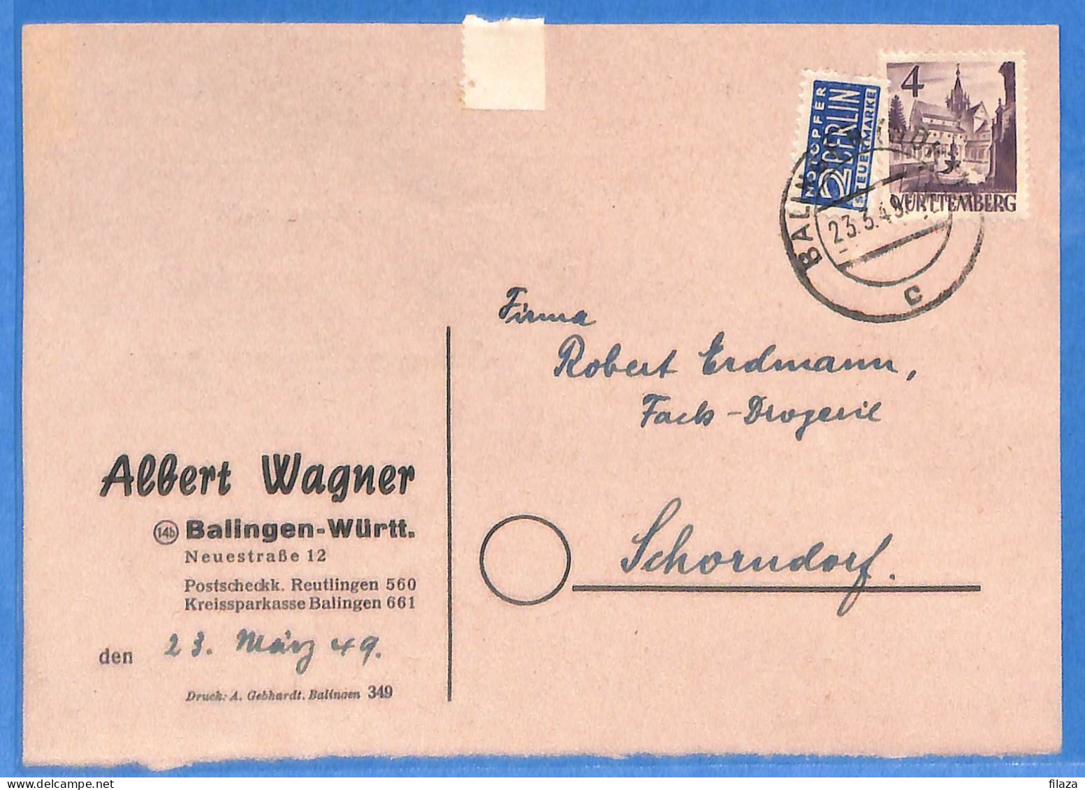 Allemagne Zone Française 1949 - Carte Postale De Balingen - G27482 - Autres & Non Classés