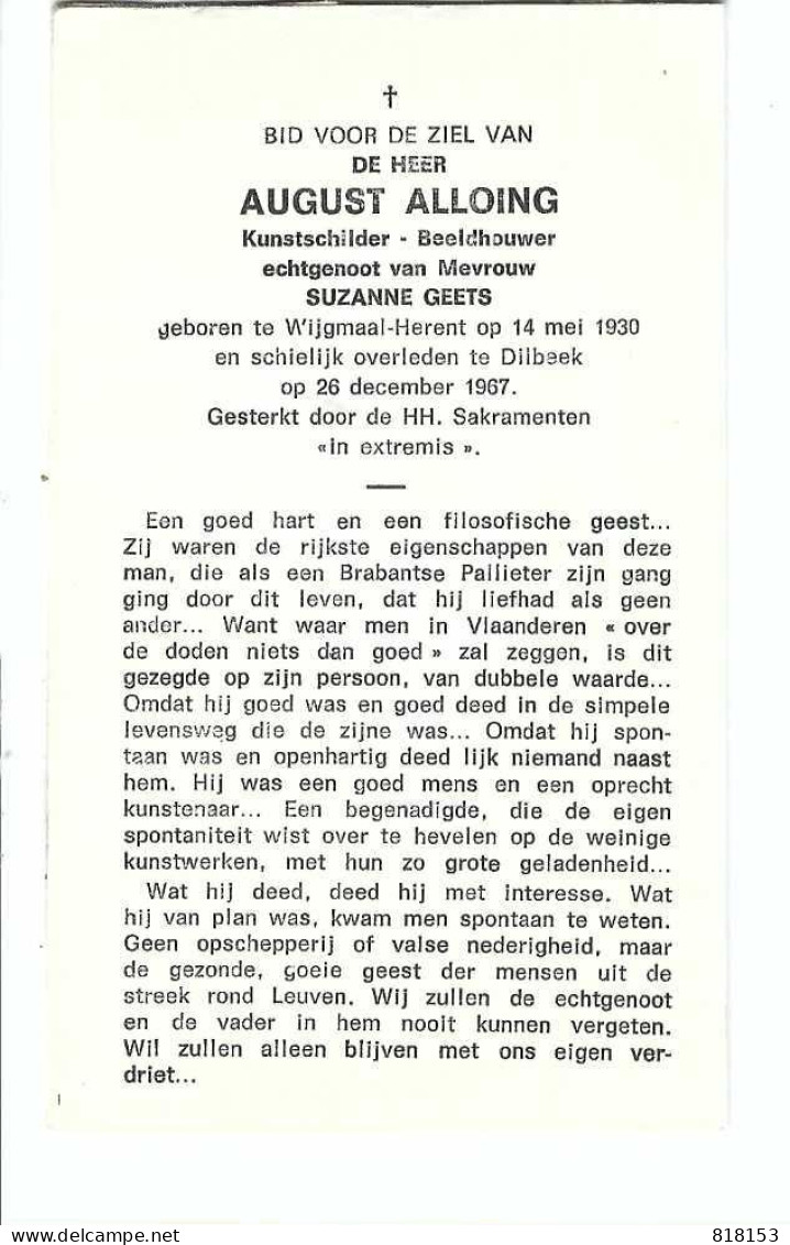 DP AUGUST ALLOING Kunstschilder-Beeldhouwer    Geb.Wijgmaal 1930  Gestorv. Dilbeek 1967 - Religion & Esotérisme