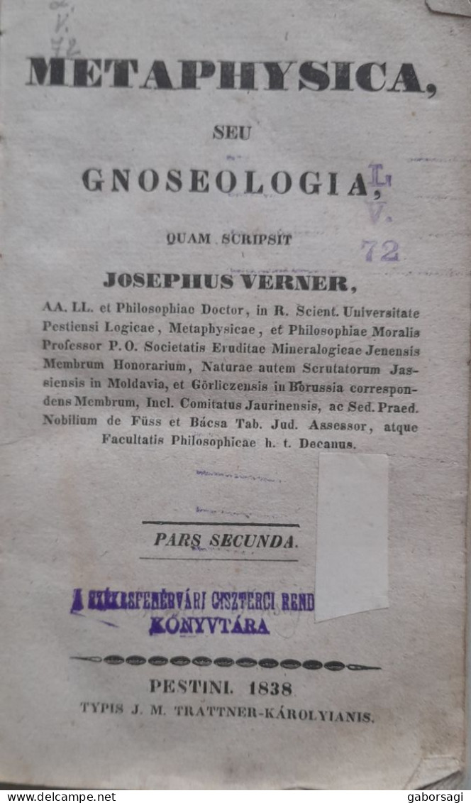 Metaphysica Seu Gnoseologia Pars Secunda - Josephus Verner - Livres Anciens