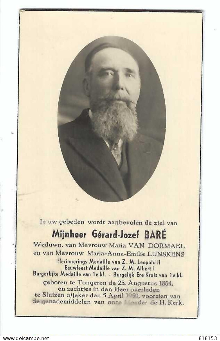 DP  Gérard-Jozef BARE  Geb.Tongeren 1864  Gestorven Sluizen O/Jeker  1950 - Religion & Esotérisme