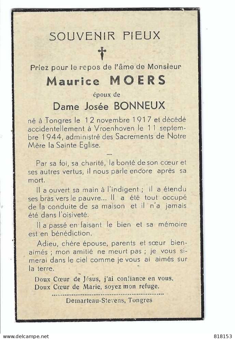 DP  Maurice MOERS époux De Dame Josée BONNEUX  Geb.Tongeren 1917  Gestorven Vroenhoven  1944 - Religion & Esotérisme