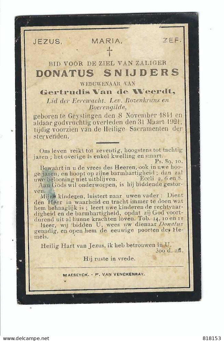 DP DONATUS SNIJDERS Wednr. V Gertrudis Van De Weerdt Geb.Geistingen 1841  Gestorven   1921 - Religion & Esotérisme