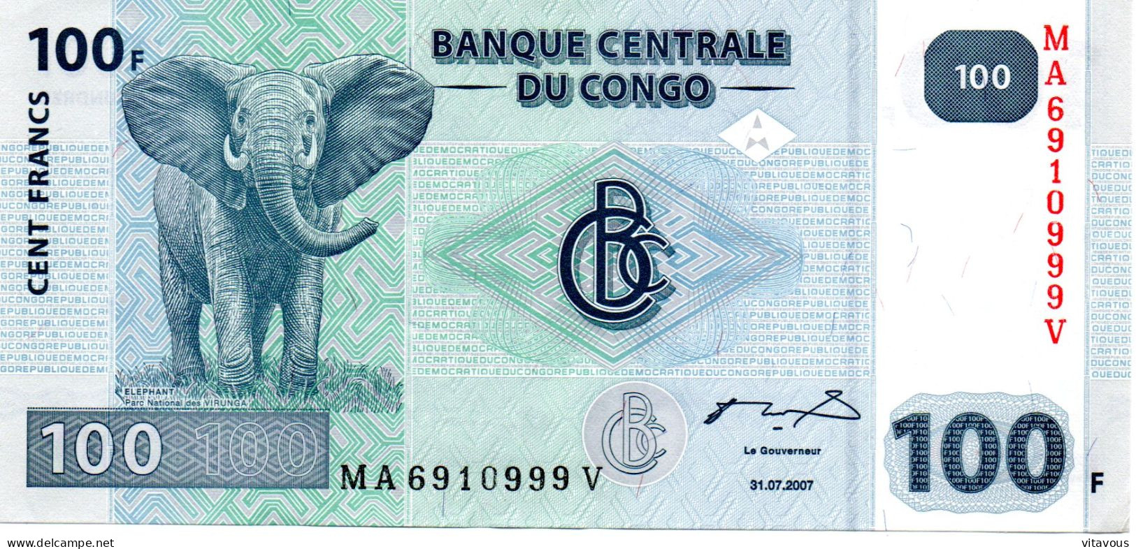 CONGO  Billet Banque 100 F  Bank-note Banknote éléphant - République Démocratique Du Congo & Zaïre