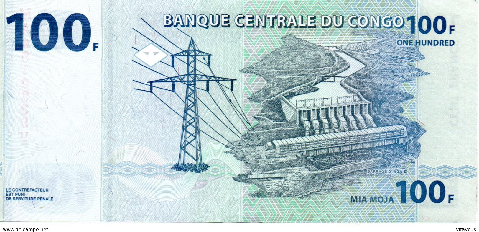 CONGO  Billet Banque 100 F  Bank-note Banknote éléphant - République Démocratique Du Congo & Zaïre