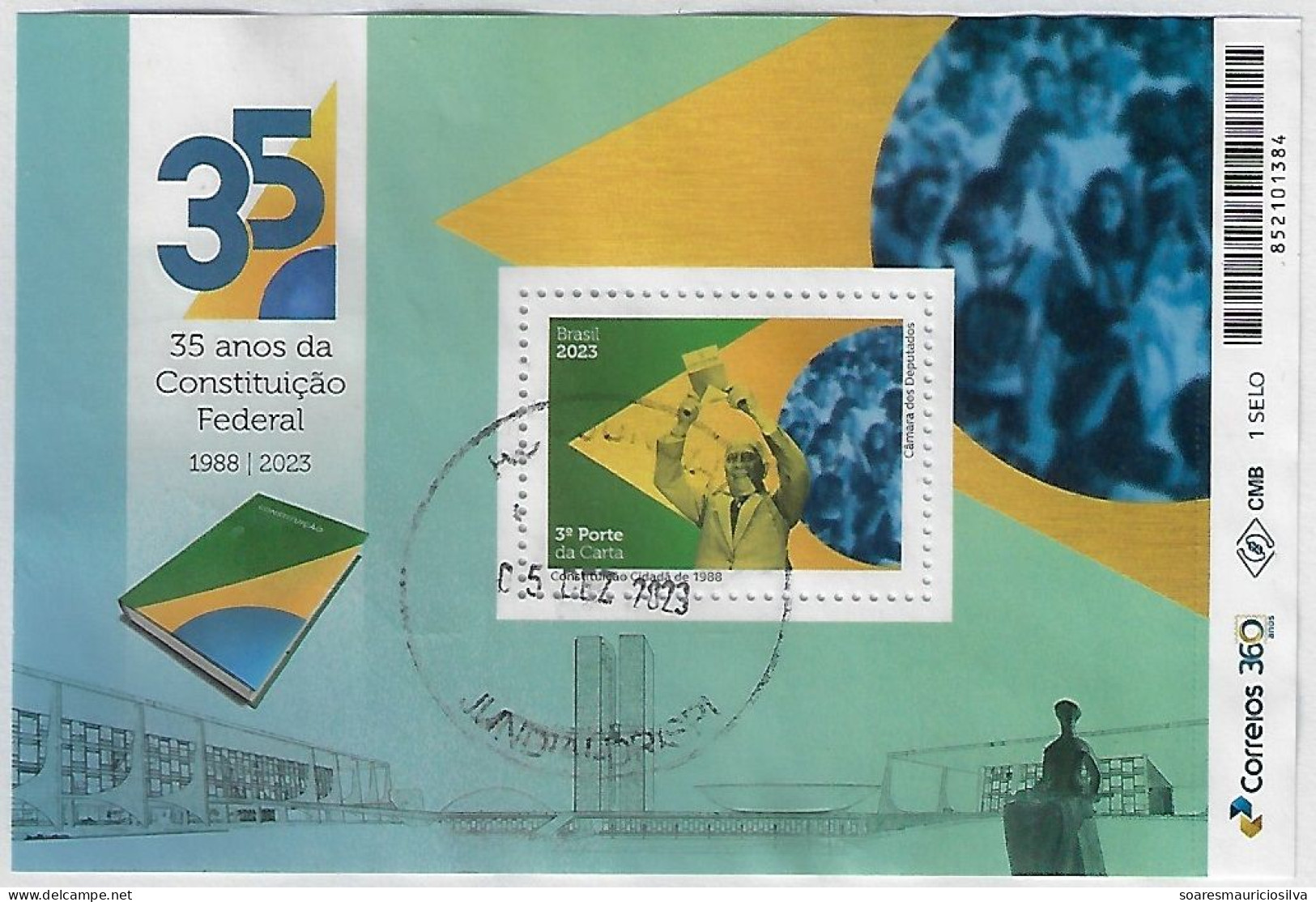 Brazil 2023 35 Years Of The Federal Constitution Three Powers Plaza Brasília Flag Federal Deputy Ulysses Guimarães Used - Blocchi & Foglietti