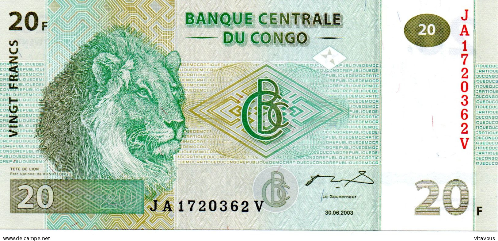 CONGO  Billet Banque 20 F  Bank-note Banknote Lion Leo - République Démocratique Du Congo & Zaïre