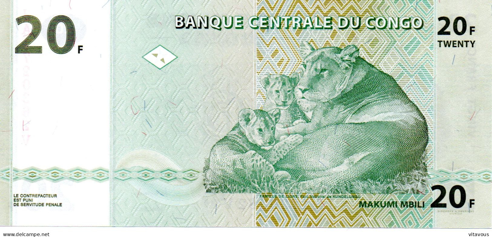 CONGO  Billet Banque 20 F  Bank-note Banknote Lion Leo - République Démocratique Du Congo & Zaïre