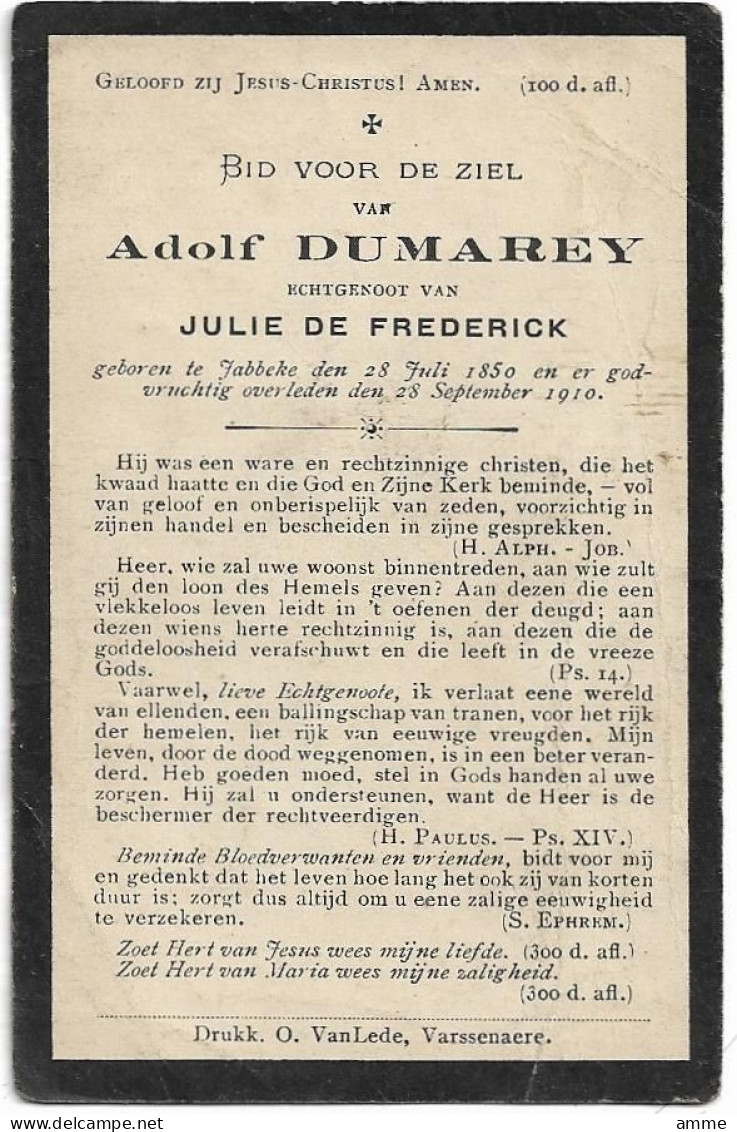 Doodsprentje  *  Dumarey Adolf (° Jabbeke 1850 / + 1910)  X De Frederick Julie - Religion & Esotérisme