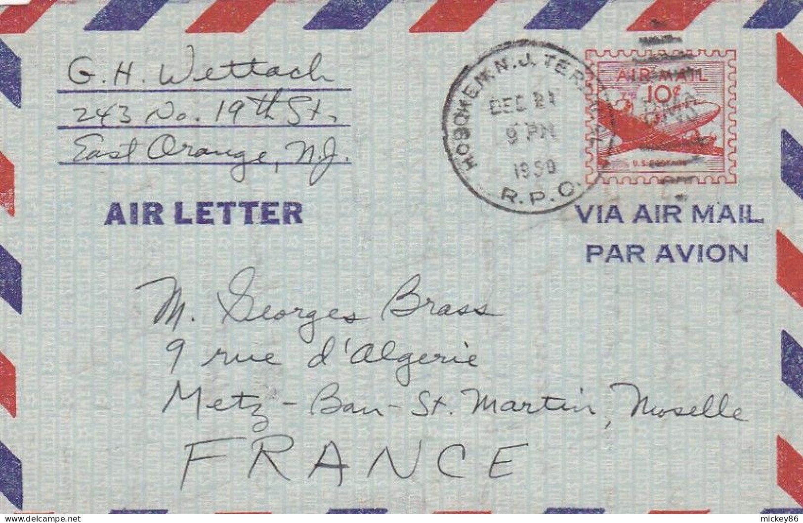 Etats-Unis--1950--entier Aérogramme Destiné à Metz-57 (France) ....cachet.BMS....( Tache Au Verso) - Lettres & Documents