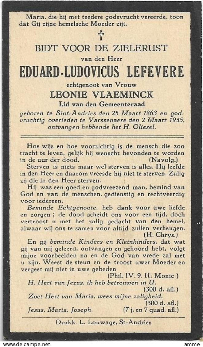 Doodsprentje  *  Lefevere Eduard (° Sint-Andries 1863 / + Varsenare 1935)  X Vlaeminck Leonie (Gemeenteraadslid) - Religion & Esotérisme