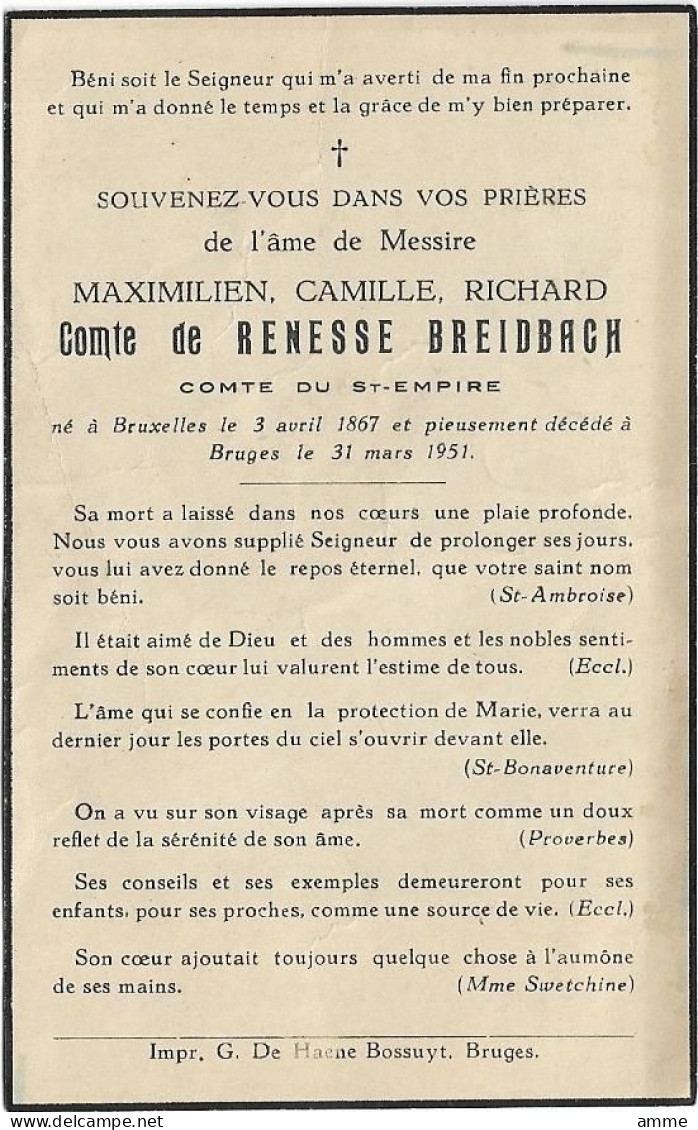 Doodsprentje  *  Comte De Renesse Breidbach Maximilien (° Bruxelles 1867 / + Bruges 1951)  Burgemeester Oostmalle - Religion & Esotérisme