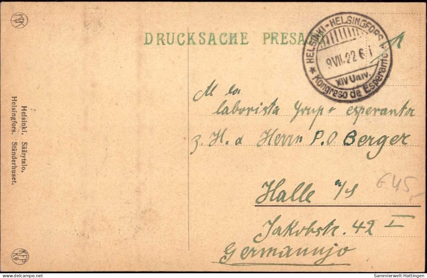 603416 | Postkarte 1922, Mit Sonderstempel Vom 14. Esperanto Kongress  In Helsinki, Helsingfors  | -, -, - - Sonstige