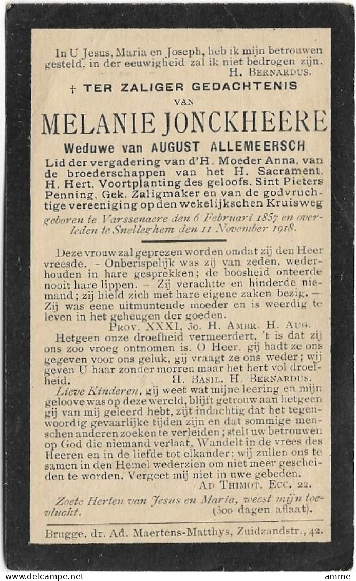 Doodsprentje  *  Jonckheere Melanie (° Varsenare 1857 / + Snellegem 1918) X Allemeersch August - Religion & Esotérisme