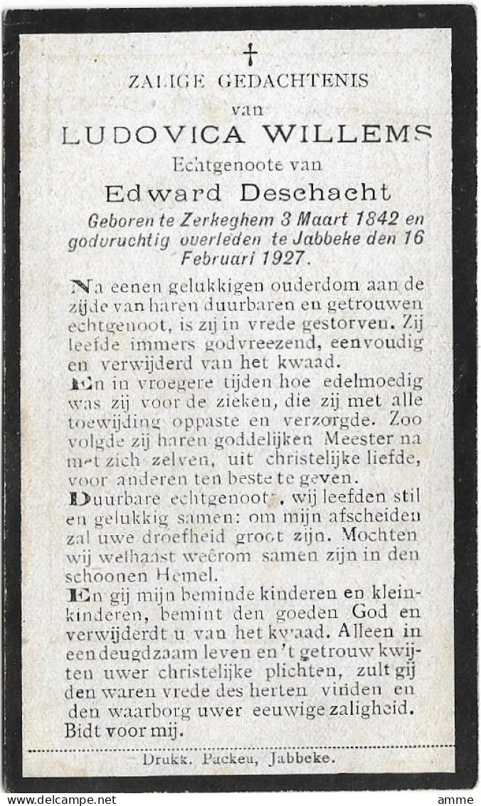 Doodsprentje  *  Willems Ludovica (° Zerkegem 1842 / + Jabbeke 1927) X Deschacht Edward - Religion & Esotérisme