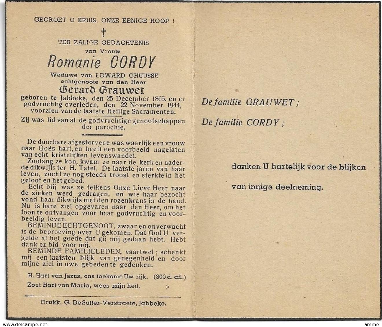 Doodsprentje  *  Cordy Romanie (° Jabbeke 1865 / + Jabbeke 1944) X Grauwet Gerard - Religion & Esotérisme