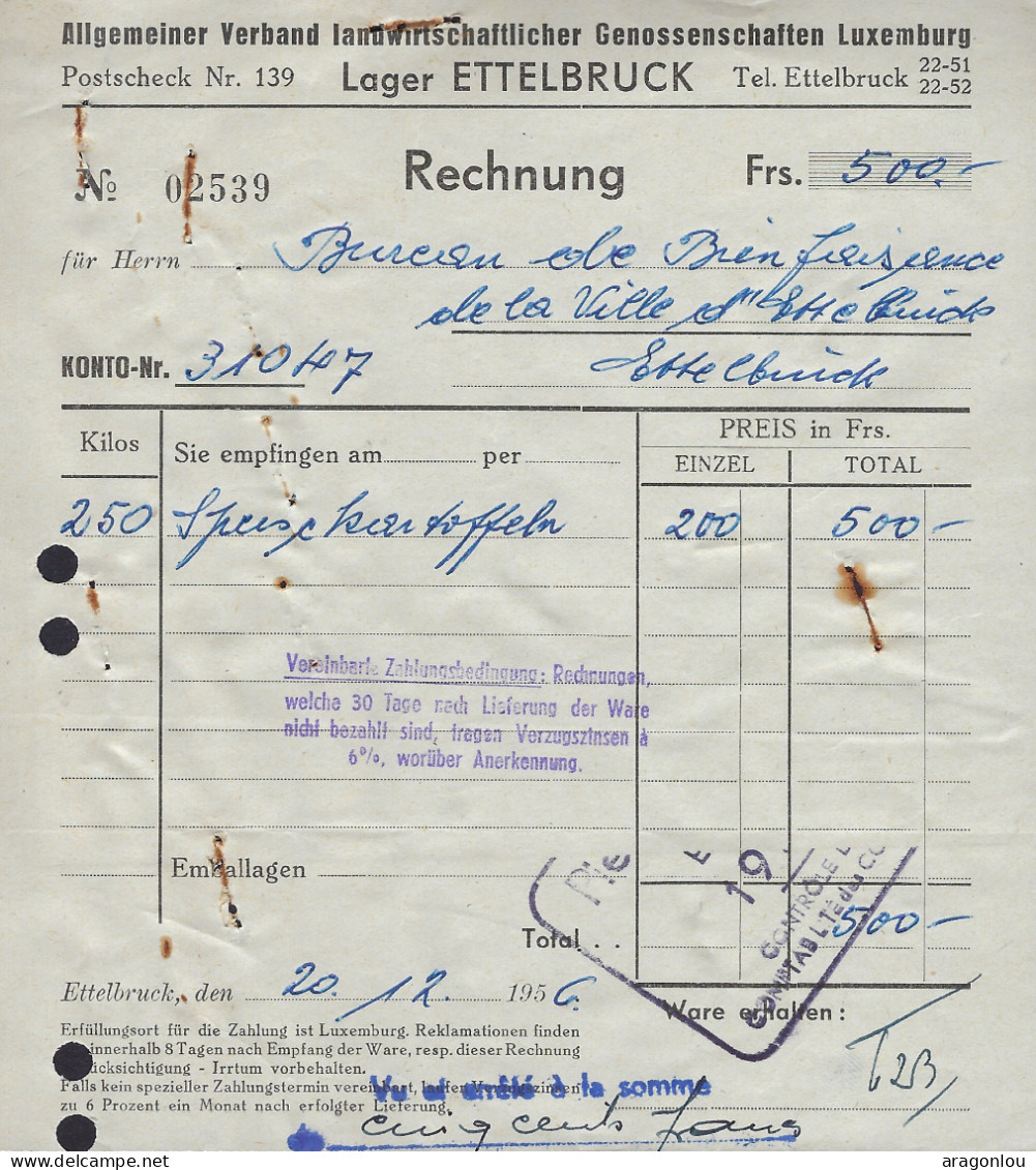 Luxembourg - Luxemburg - Rechnung 1956  ALLGEMEINER VERBAND LANDWIRTSCHAFTLICHER GENOSSENSCHAFFTEN ,ETTELBRUCK - Luxembourg