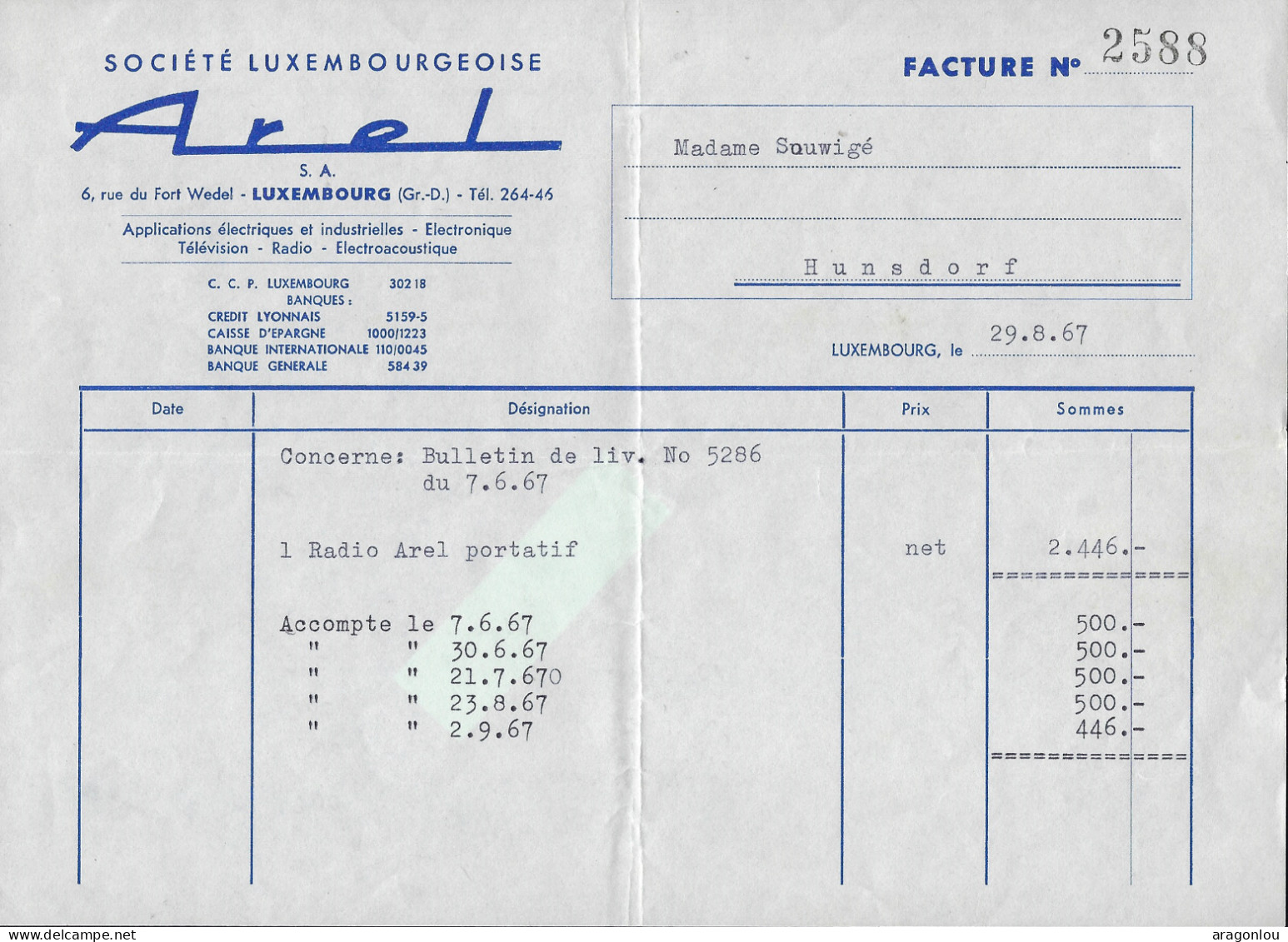 Luxembourg - Luxemburg - FACTURE  1967  -  AREL - APLICATIONS ELECTRIQUES ET INDUSTRIELLES - Luxembourg