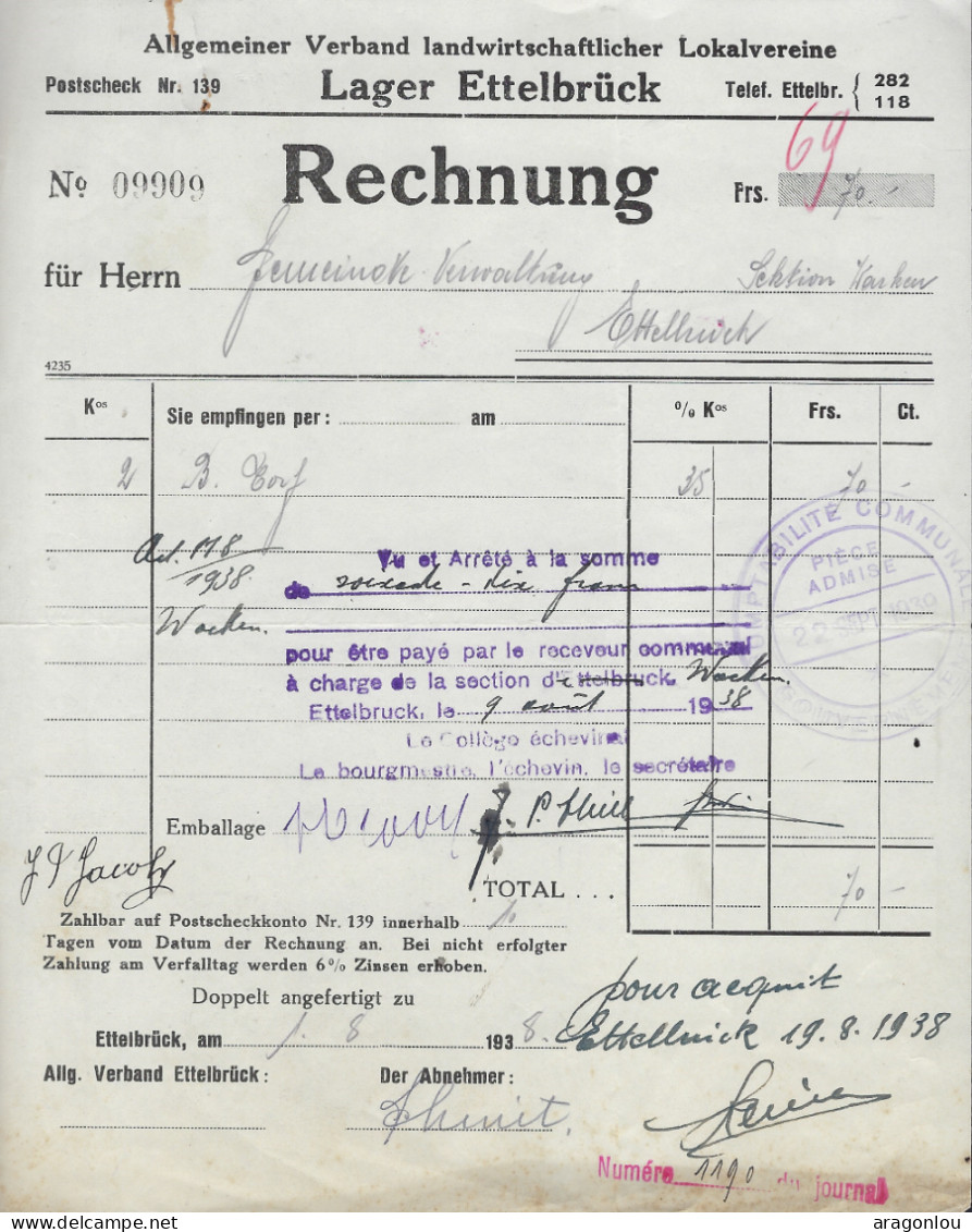 Luxembourg - Luxemburg - FACTURE  1938  - ABTEILUNG LANDWIRTSCHAFTLICHER MASCHINEN , ETTELBRUCK - Luxembourg