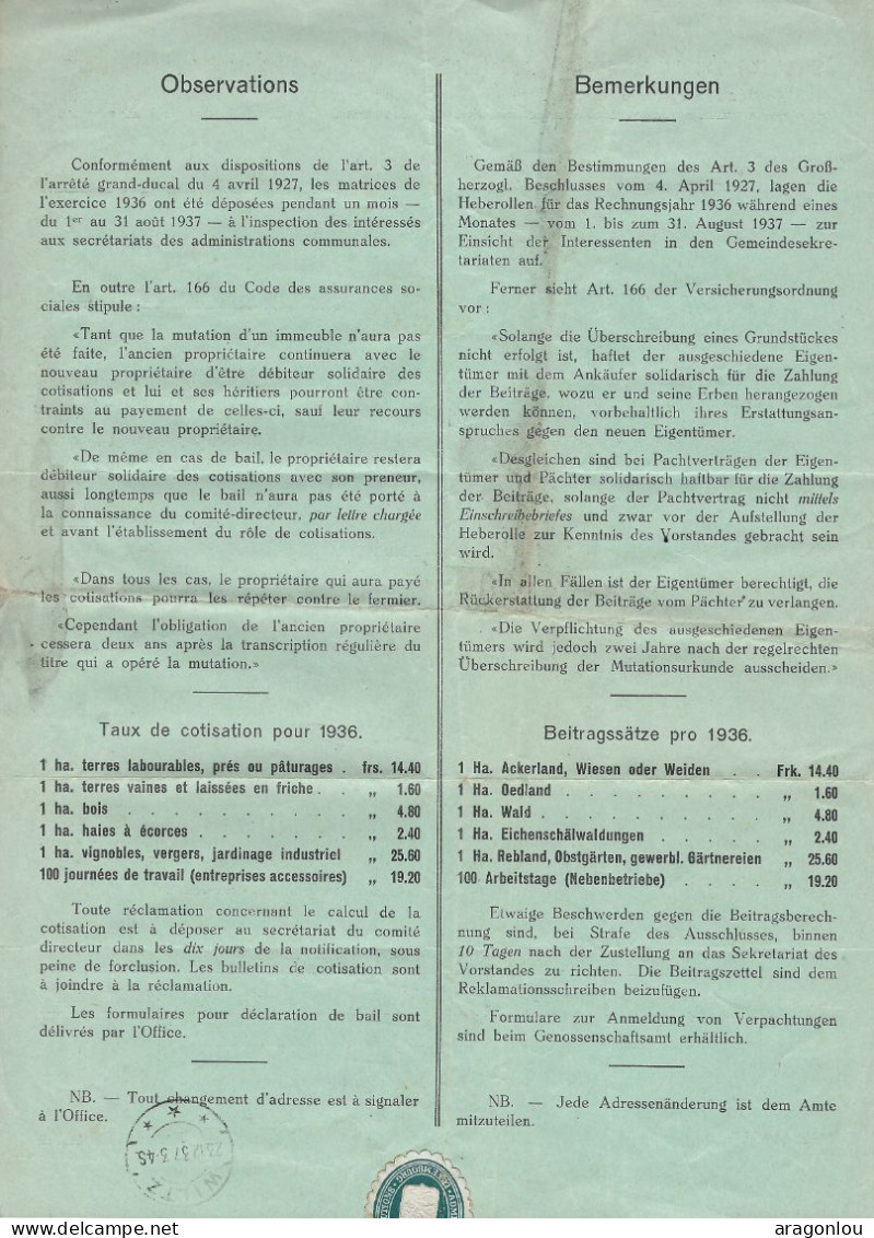 Luxembourg - Luxemburg - FACTURE  1937  ASSOCIATION D'ASSURANCE CONTRE LES ACCIDENTS - Luxembourg