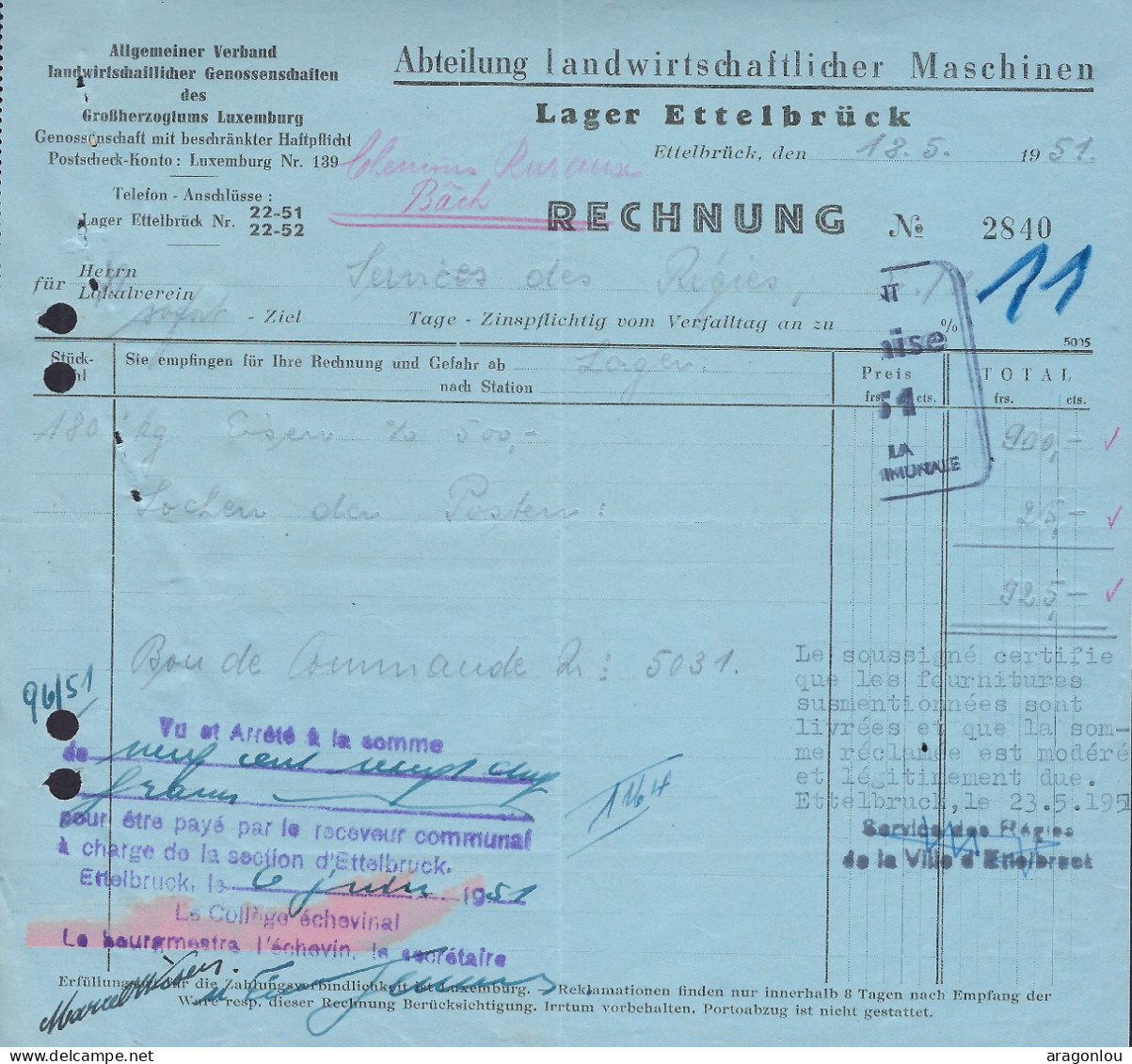 Luxembourg - Luxemburg - FACTURE  1951  ABTEILUNG LANDWIRTSCHAFTLICHER MASCHINE , ETTELBRUCK - Luxembourg