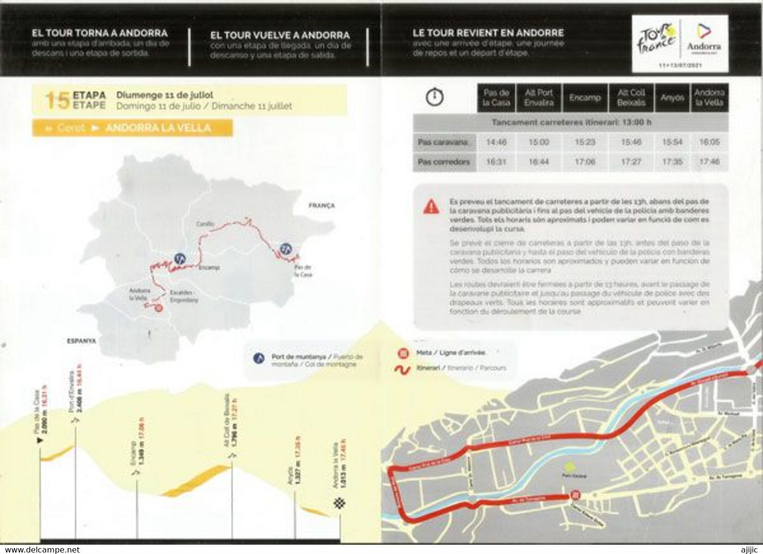 Tour De France En Andorre 11 - 12 Et 13 Juillet 2021. Official Leaflet With Andorra Cyclism Stamp Postmarked Andorra - Storia Postale