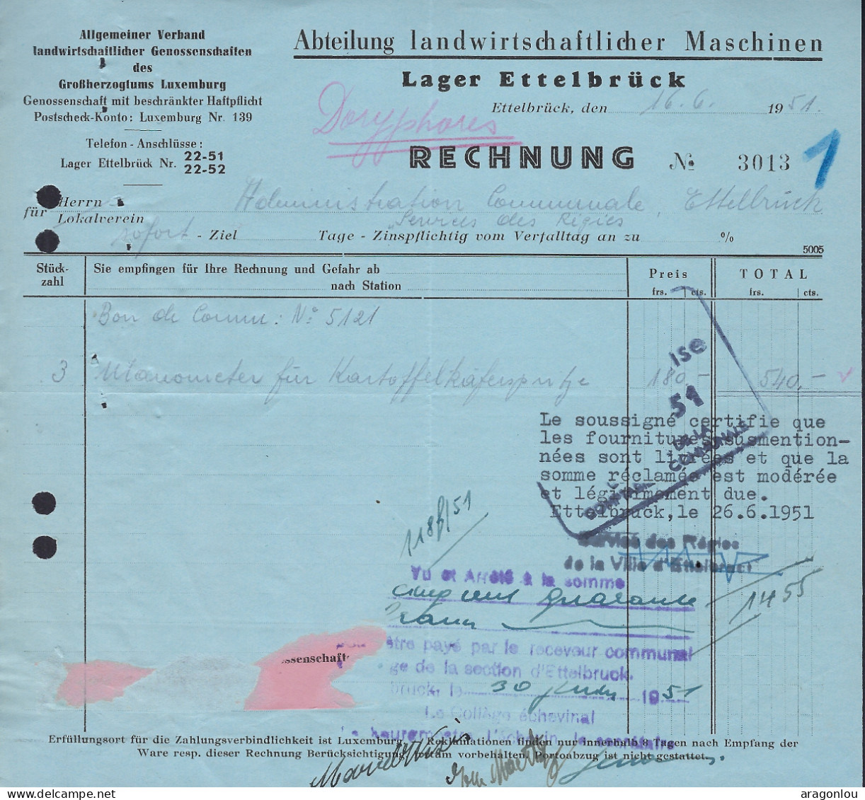 Luxembourg - Luxemburg - FACTURE  1951  ABTEILUNG LANDWIRTSCHAFTLICHER MASCHINE , ETTELBRUCK - Lussemburgo