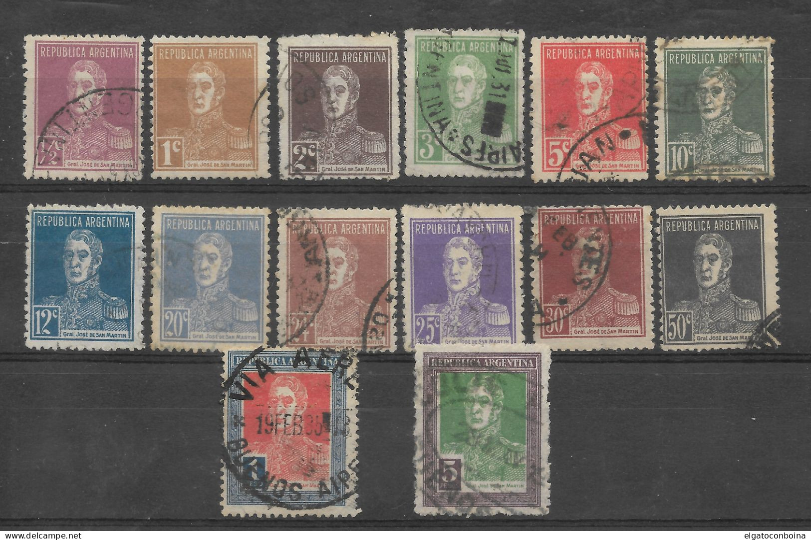 ARGENTINA 1924 Gral San Martín Military History Lot Of 14 Stamps Used - Gebraucht