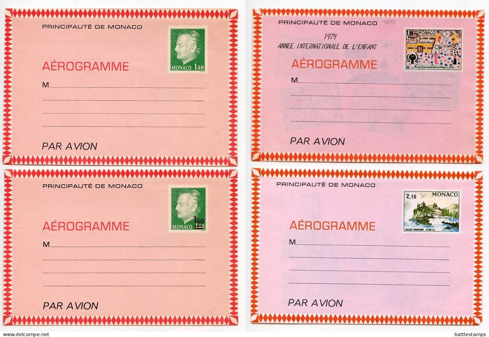 Monaco 1970's 4 Different Mint Aeogrammes - Prince Rainier III, Royal Place & International Year Of The Child - Entiers Postaux