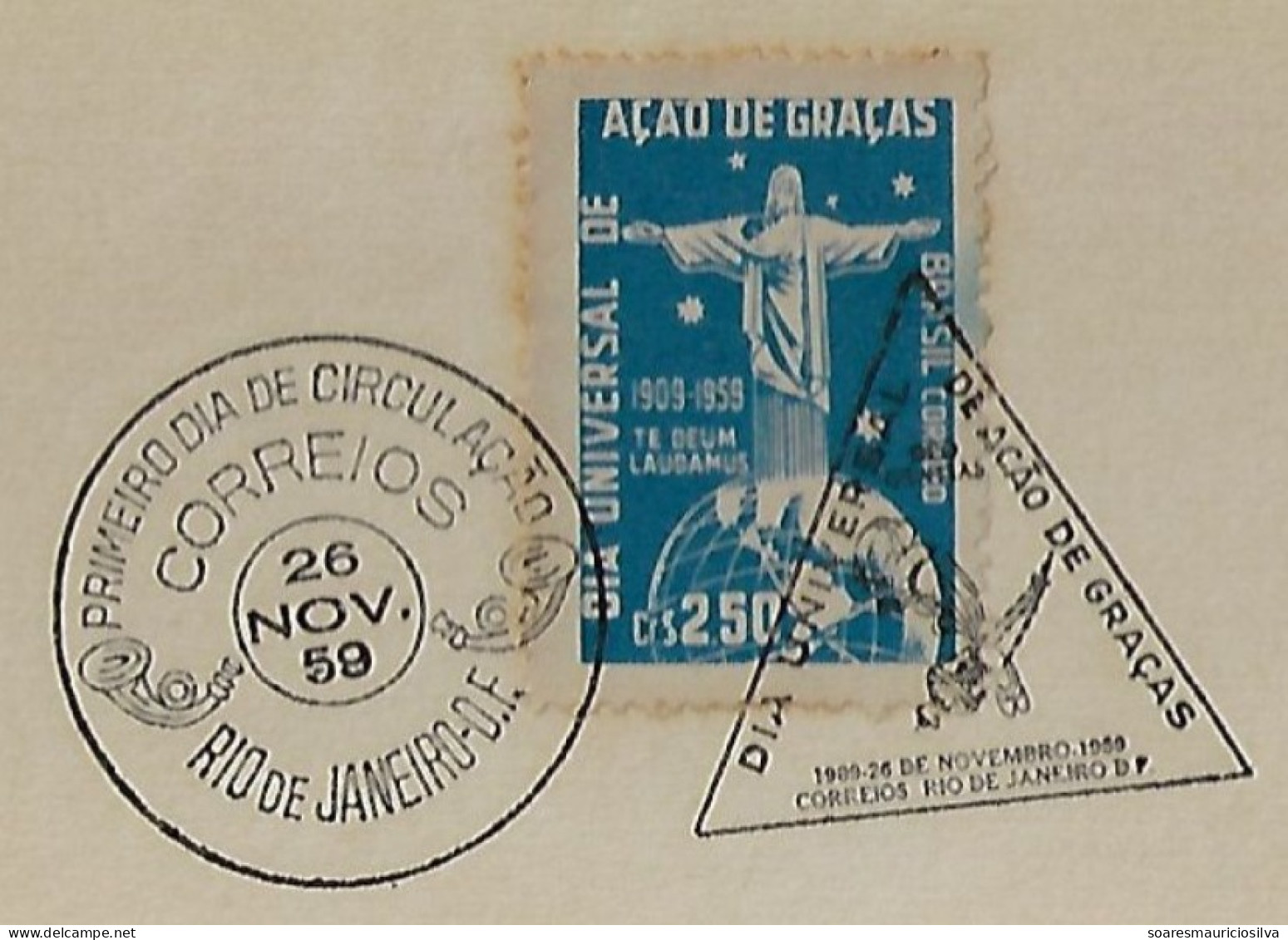 Brazil 1959 Card Commemorative + First Day Cancel Of Stamp Universal Day Of Thanksgiving Christ The Redeemer - Cartas & Documentos