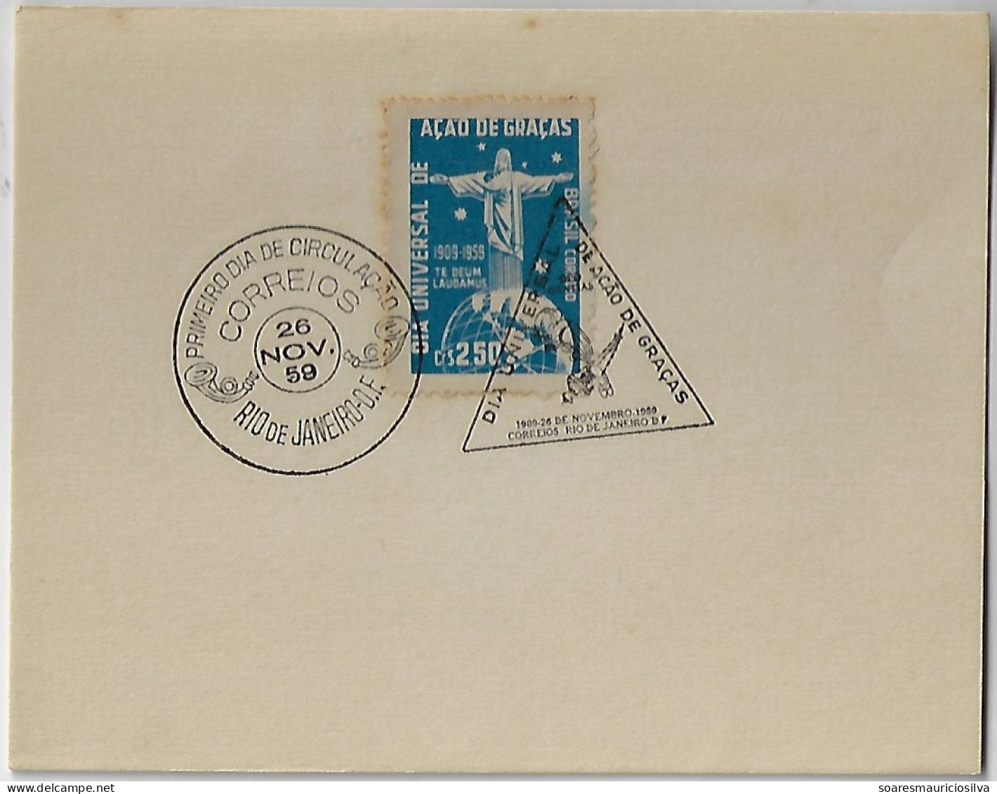 Brazil 1959 Card Commemorative + First Day Cancel Of Stamp Universal Day Of Thanksgiving Christ The Redeemer - Lettres & Documents