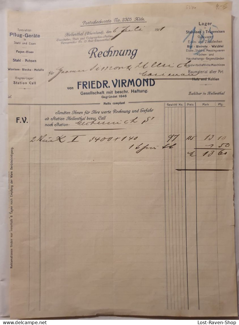 Friedrich Virmond - Pflug Geräte - Rechnung  - 1911 - 1900 – 1949