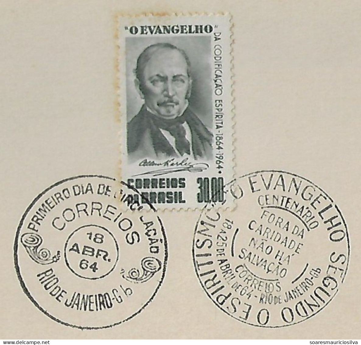 Brazil 1964 Card Commemorative + First Day Cancel Of Stamp Allan Kardec And The Gospel According To Spiritis - Cartas & Documentos
