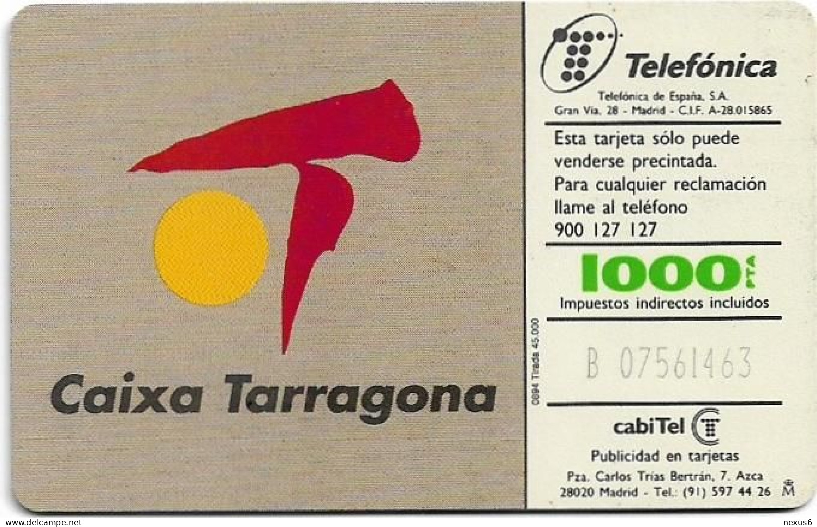 Spain - Telefónica - Provincias Españolas - Tarragona - CP-033 - 08.1994, 45.000ex, Used - Commémoratives Publicitaires