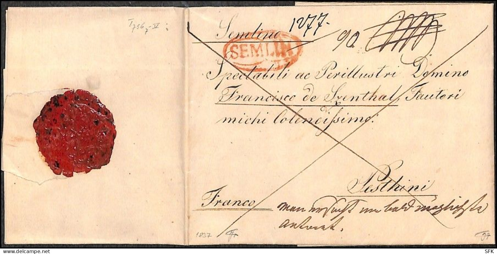 1837 Registered Letter With Rare RED - SEMLIN Postmark In Oval. - ...-1850 Prephilately