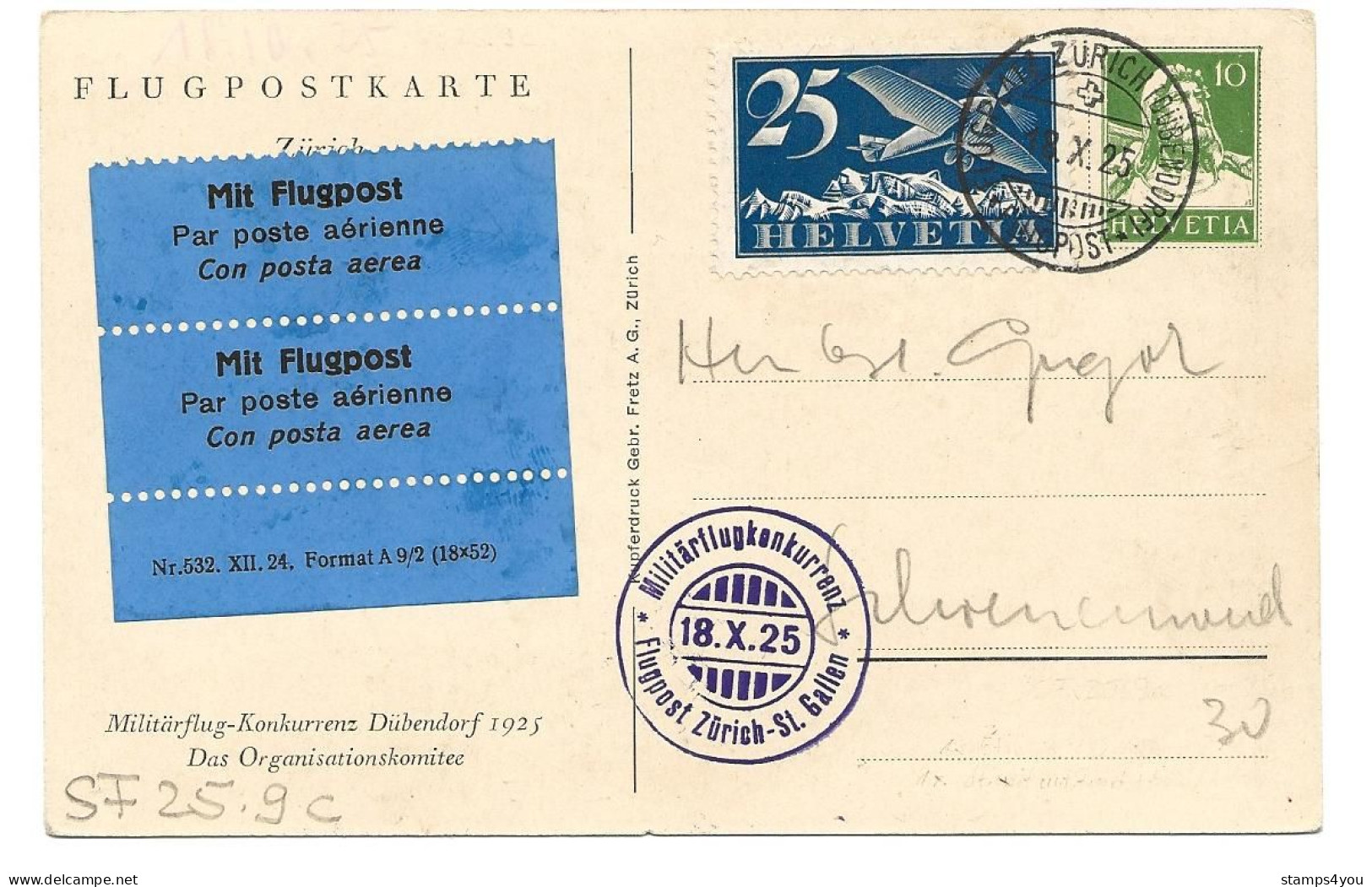 13 - 42 - Carte Avec Obli Spéciale "Militärflugkonkurrenz - Flugpost Zürich-St. Gallen 1925" - Otros & Sin Clasificación