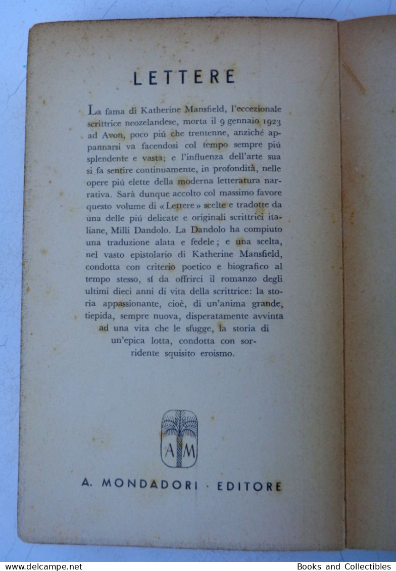 Katherine Mansfield " LETTERE " - I Quaderni Della Medusa N° 12 - Mondadori, 1941 (XX) * Rif. LBR-AA - Grands Auteurs