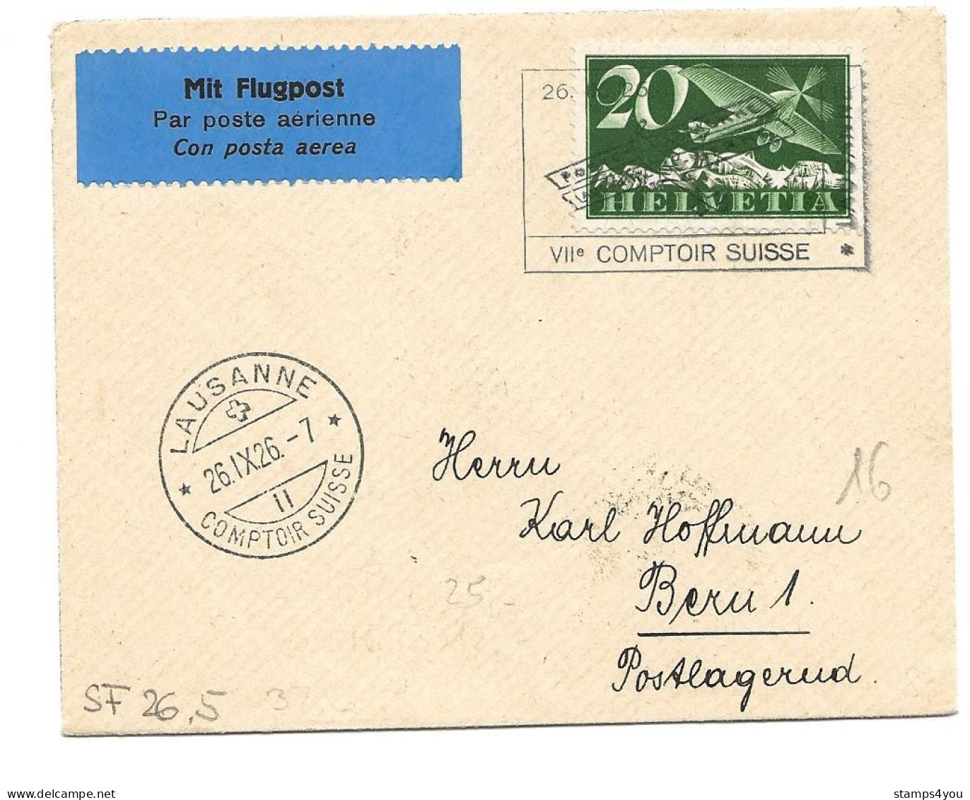 13 - 53 - Enveloppe Vol Comptoir Suisse 1926 Lausanne-Bern - Autres & Non Classés