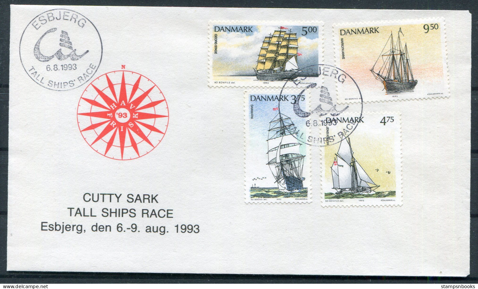 1993 Denmark Esbjerg, Cutty Sark, Tall Ships Race Cover, Sailing Ships Set Of 4 - Brieven En Documenten