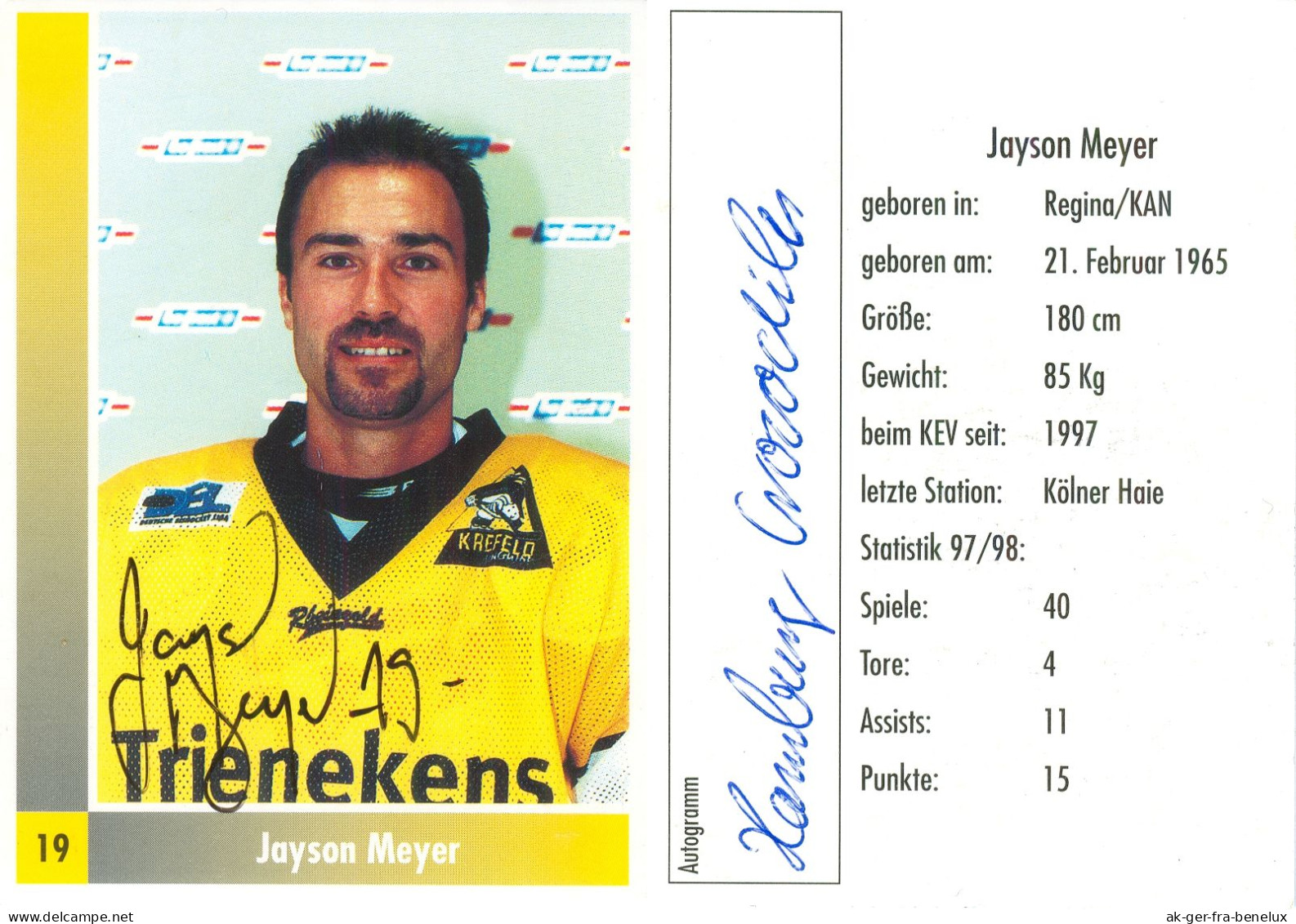 Autogramm Eishockey AK Jayson Meyer Krefeld Pinguine 98-99 Landsberg Am Lech Crocodiles Hamburg Kölner Haie EHC Uzwil - Wintersport